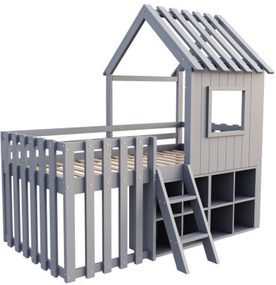 Lit cabane pour enfant 90x200, avec toit et fenêtre, avec espace de rangement ouvert, avec échelle d'escalade, lit superposé pour enfant en bois massif sans matelas, gris
