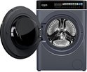 Lave-linge gris, porte ouverte, tambour chromé et panneau de commande tactile.