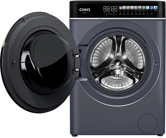 Lave-linge gris, porte ouverte, tambour chromé et panneau de commande tactile.