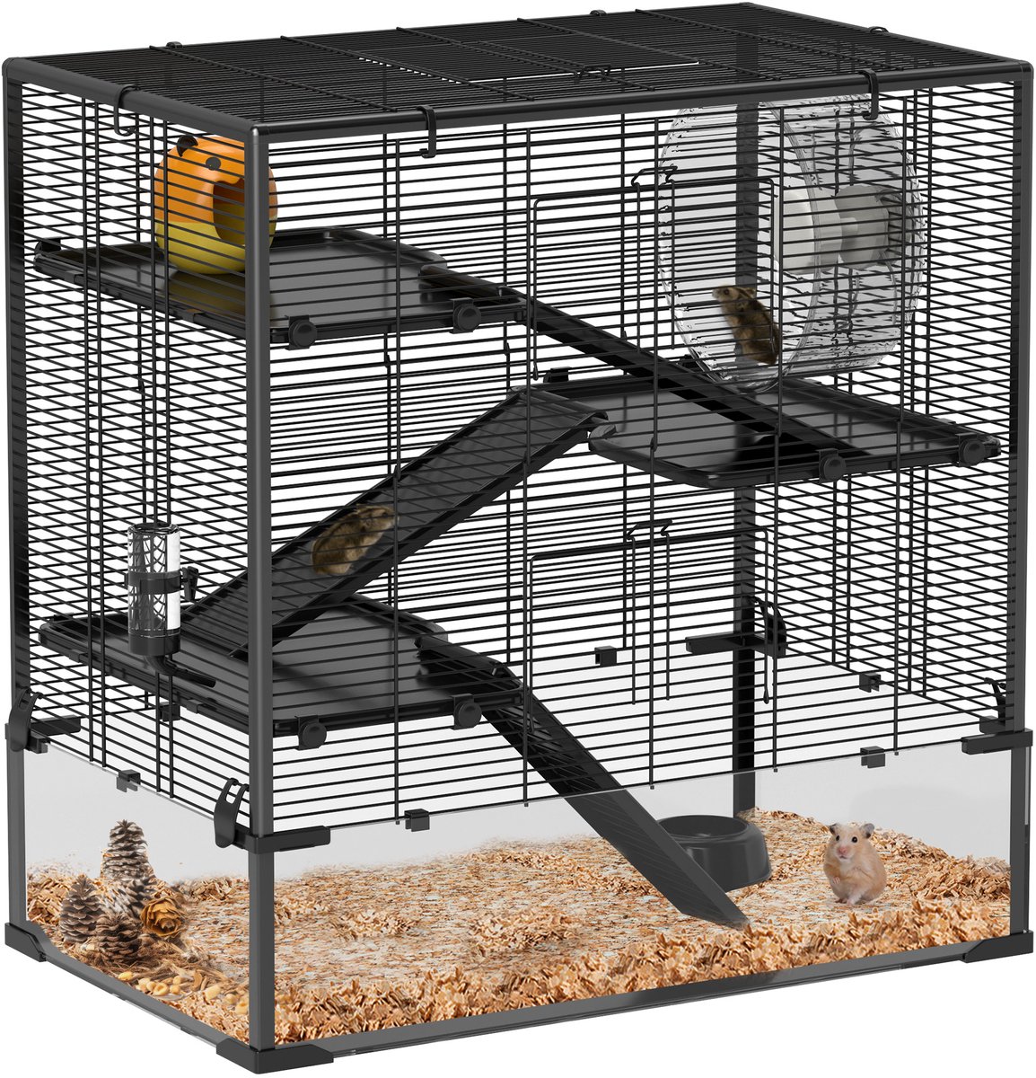 PawHut Hamsterkäfig für Zwerghamster, 4-stufiges Nagerkäfig mit Glasboden, Hütte, Laufrad, Rampen, Futterschale, Kleintierkäfig Zwerghamsterkäfig 78,5 x 48,5 x 80 cm Schwarz