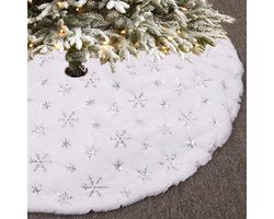 Zeynomax - Kerstboom Rok Wit Kerstdecoraties 122 cm - Zilveren Sneeuwvlok Imitatiebont - Feest Vakantie Xmax Boom Rokken - Thuis Binnen Buiten Decoraties - Luxe - Mat - Kerstfeest - Winterse Sfeer