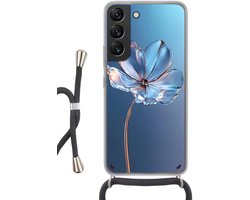 Telefoonhoesje Geschikt voor Samsung Galaxy S22 - Blauw - Bloem - Glazen - Sierlijk - Siliconen - Crossbody - Backcover met Koord - Telefoonhoesje met koord - Hoesje met touw Telefoonhoesje