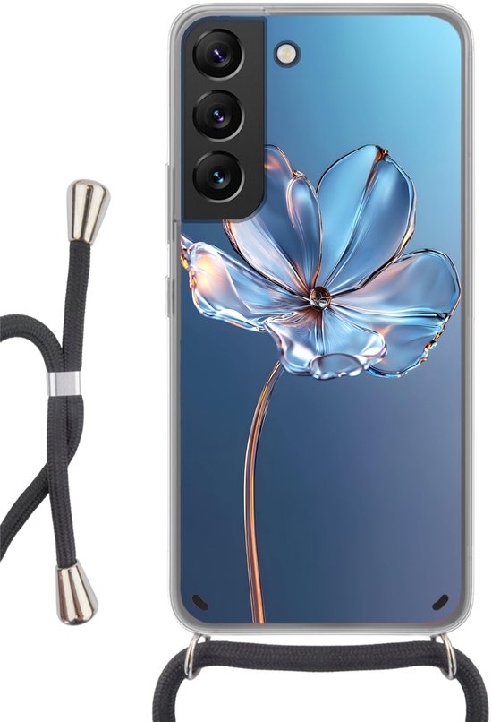 Telefoonhoesje Geschikt voor Samsung Galaxy S22 - Blauw - Bloem - Glazen - Sierlijk - Siliconen - Crossbody - Backcover met Koord - Telefoonhoesje met koord - Hoesje met touw Telefoonhoesje