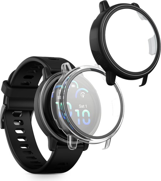 kwmobile Lot de 2 coques de protection pour Garmin vivoactive 6 (42 mm) / Active 6 - Coque de protection pour tracker d'activité en verre trempé et cadre en plastique noir/transparent