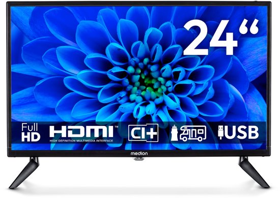 MEDION Full HD TV 59,9 cm (24 inch) (perfect voor camping, camper, vrachtwagen, tuin, 12V auto-adapter, triple tuner, HDMI, USB), MD824000, zwart