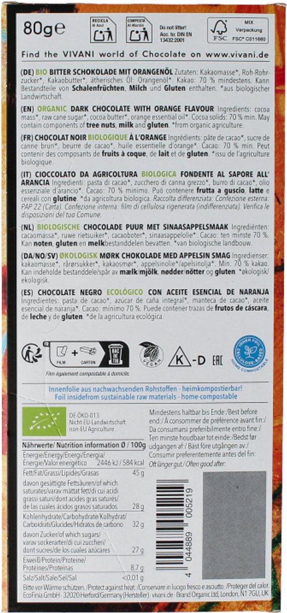 Vivani Fine dark sinaasappel 70% cacao bio 80 Gram