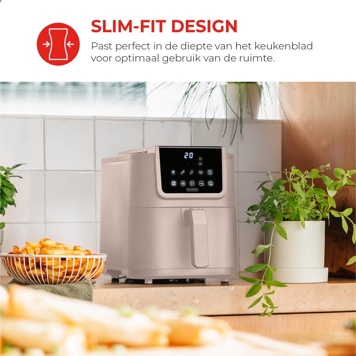 Afbeelding 2 van Bourgini Slimfit Airfryer XXL Beige - Heteluchtfriteuse - 8 liter - 1700W - PFAS vrij