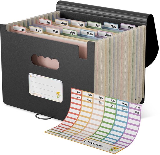 D.RECT 5580 accordeon map voor het organiseren, uitbreidbare documentbestandsmap, twaalf A4-compartimenten, zwarte kleur