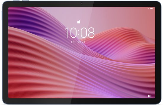 Blauwe Lenovo tablet met een golvend roze en paars schermthema. Tijd 10:08.