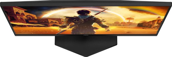 Zwart AOC gaming monitor met een 27-inch scherm waarop een gamefiguur staat met een zwaard.
