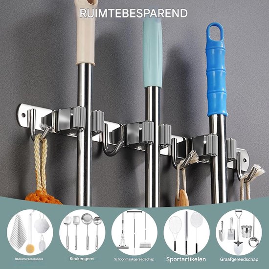 Bezemhouder-Bezem Ophangsysteem- 5 Houders 6 Haken- Tuingereedschap- Gereedschapshouder-RVS — afbeelding 5