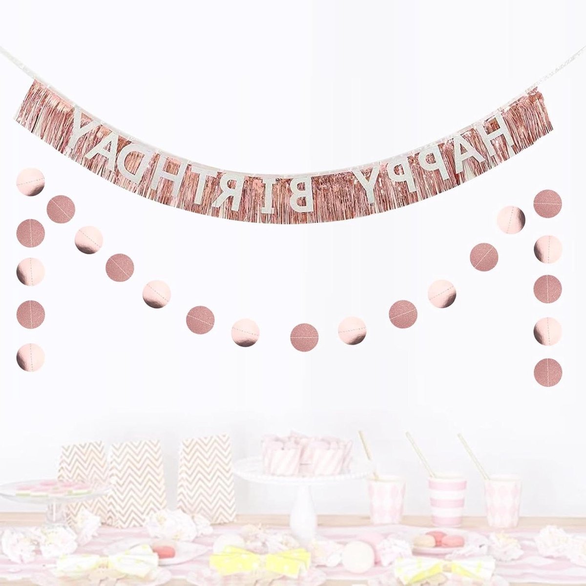 Roségouden Happy Birthday decoratie set - Verjaardag kit met franje banner voor feest volwassenen en kinderen
