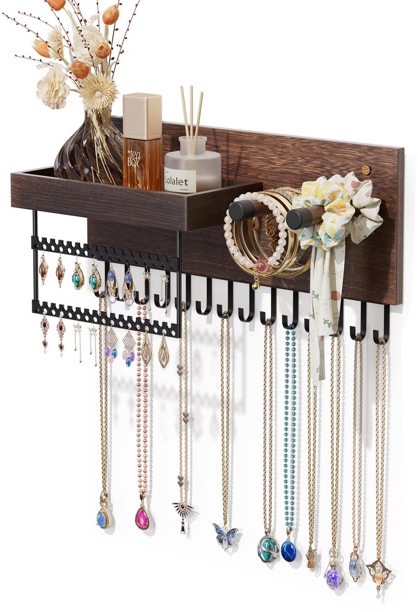 Lolalet Hangende Sieradenorganizer, Houten Sieradenrek met 15 Haken, Wandhanger voor Kettingen, Sieradenhouder voor het Ophangen van Oorbellen, Oorknopjes, Kettingen, Armbanden - Zwart