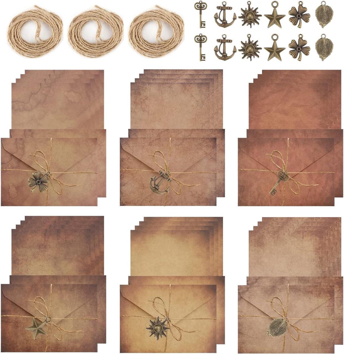 JGS Premium - Papieren Enveloppen Set Vintage | Briefpapier A5 | Enveloppen Retro | Metalen Hangers | Jute Touw | Antiek Kraftpapier | Groeten | 60 Stuks