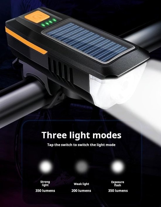 Solar & USB Fietslamp Set - 2000mAh Batterij - 200m Bereik + 120dB Hoorn - 5 Geluidsstanden - Waterdicht IPX5 - Voor E-Bike/MTB — afbeelding 3