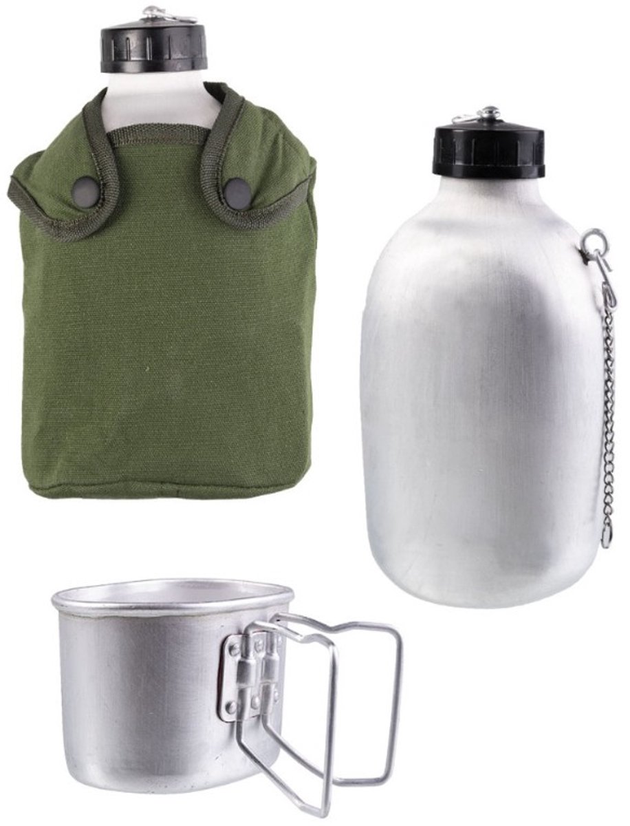 Mil-Tec veldfles met beker - 1,3L aluminium - olijfgroen