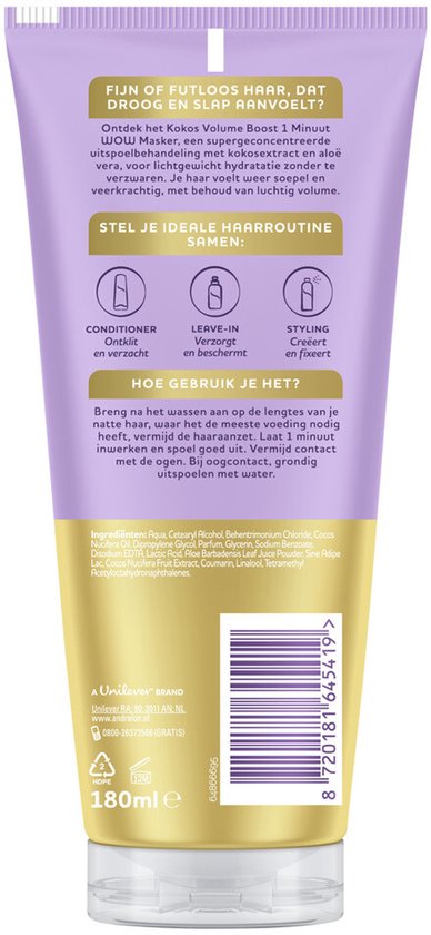 Achterkant van een paarse en gouden tube met kokosnoten en bladeren. Tekst: Fijne futloze haar, dat droog en slap aanvoelt? Kokos Volume Boost 1 Minuut.