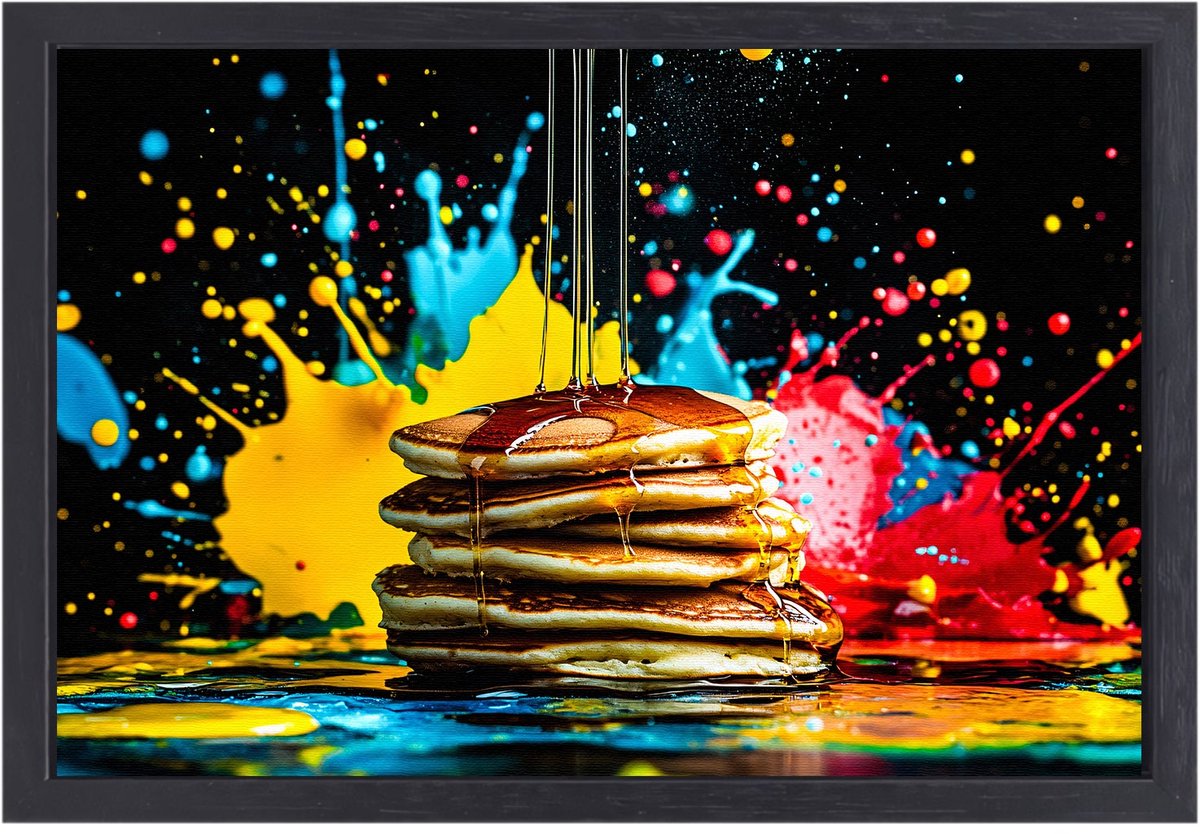 Kleurrijke pannenkoeken met stroop - Pancakes schilderij op canvas - Muurdecoratie canvas voedsel - Pop Art - Moderne canvas met lijst - Woonkamer decoratie - canvas met baklijst 150x100 cm
