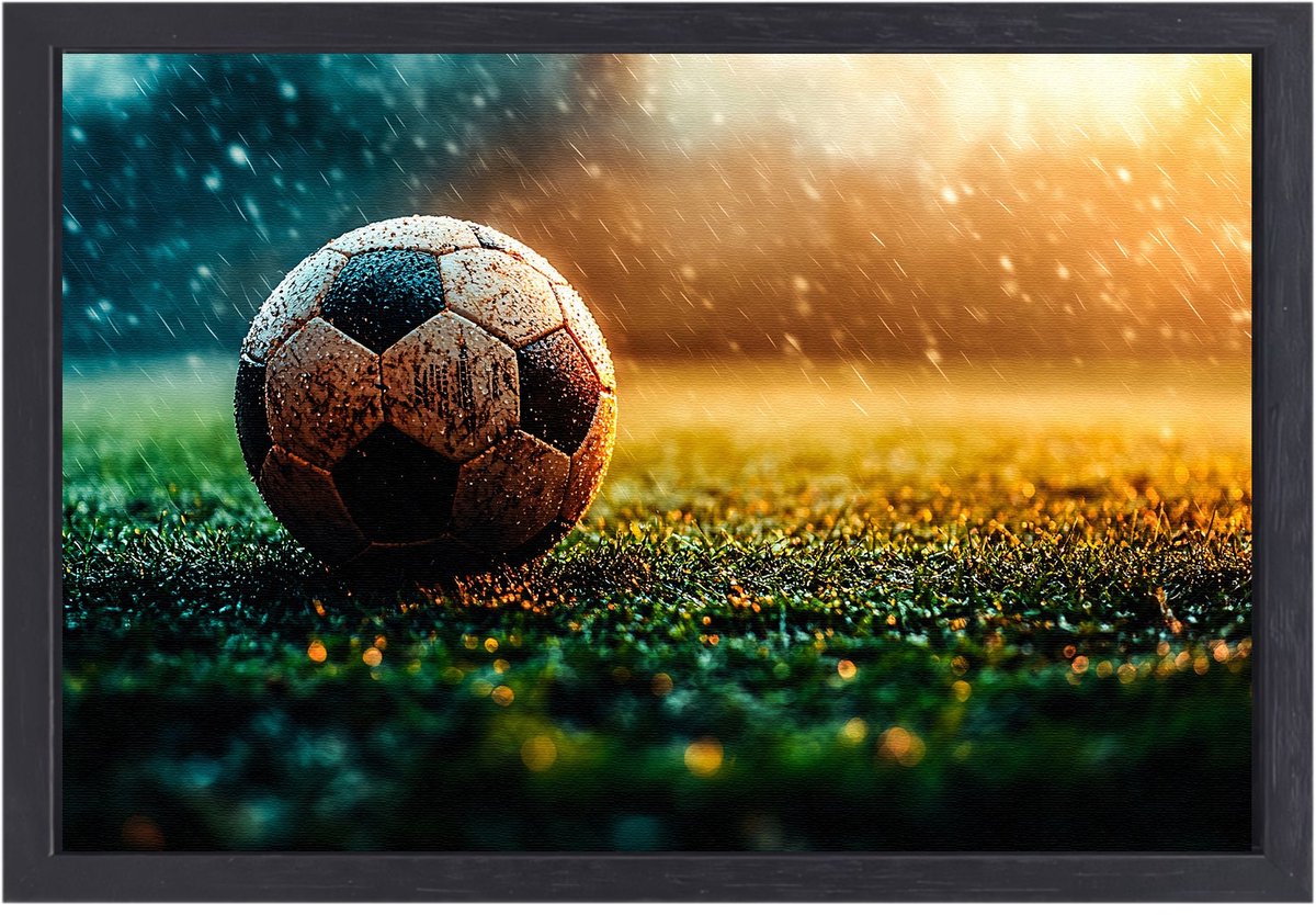 Voetbal op grasveld in regen - Voetbal canvas schilderijen - Wanddecoratie canvas bal - Hyperrealisme - Canvas lijst - Kunst - canvas met baklijst 150x100 cm