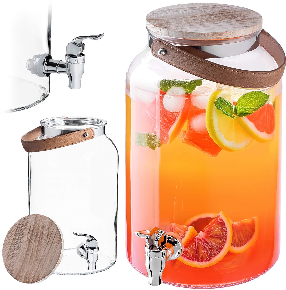 KADAX Glazen pot 5,6L met houten deksel + leer