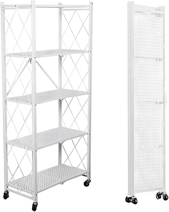 Wit inklapbaar rek met 5 etages, afmetingen 71,5x36,5x163cm.