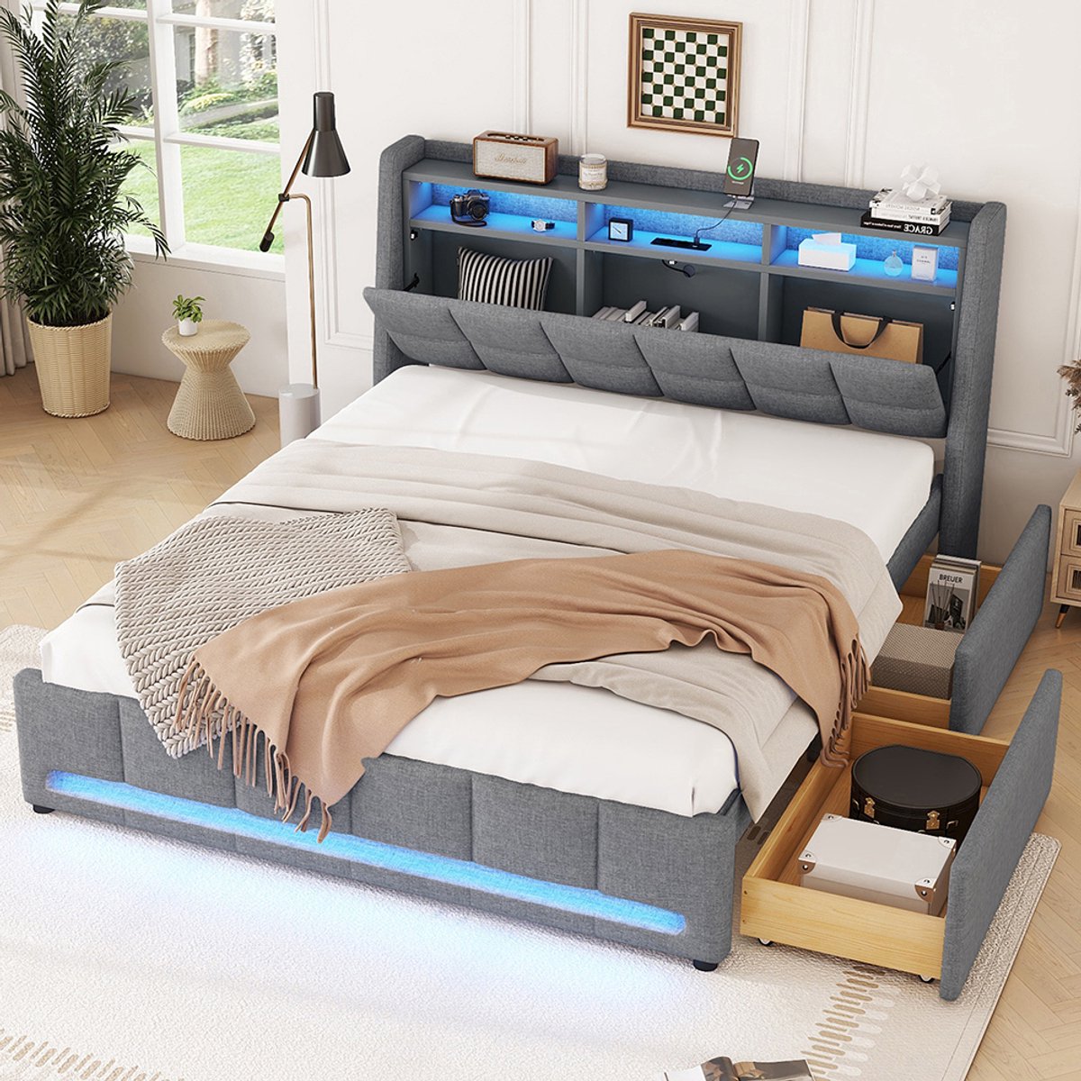 Pugsdrly gestoffeerd bed, 140 x 200 cm, zonder matras, APP-afstandsbediening LED-verlichting, bed met lades met stopcontacten en USB, ingebouwd opbergvak, linnen, grijs