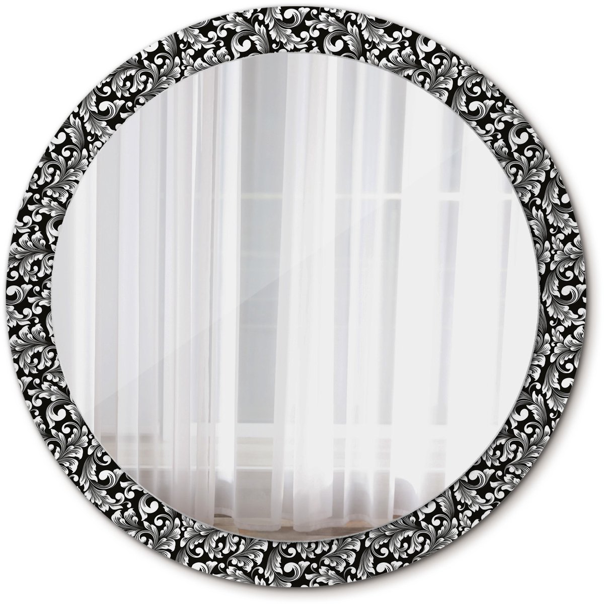 Tulup Spiegel - Ronde vorm Spiegel - op gehard Glas - Ornament - Diameter: 90 cm - Decoratieve spiegel met patroon - Woonkamerspiegel - Inloopkastspiegel - Hal - Zwart-Witte - Premium Spiegel - Elegant Spiegel - Montageset