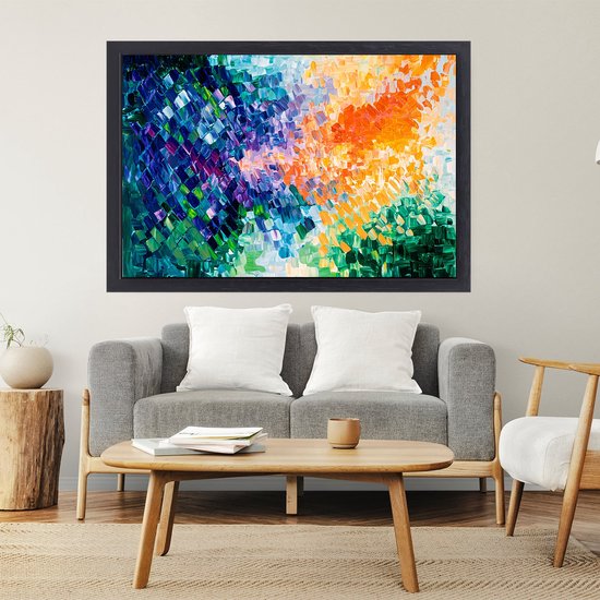 Dynamische abstractie in levendige kleuren - Kleuren canvas schilderij - Kunstwerk vormen - Abstracte kunst - Canvas met baklijst keuken - Slaapkamer accessoires - canvas met baklijst 90x60 cm