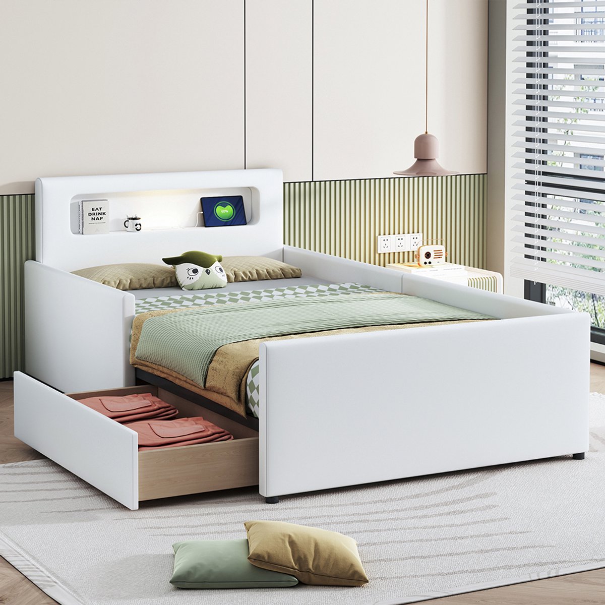Pugsdrly Gestoffeerd kinderbed 90*200 cm, met nachtlampje en USB-oplaadpoort, met opbergvakken, verhoogde zijdelen voor veiligheid, eenvoudig eenpersoonsbed, jongens- en meisjesbed, kunstleer, wit