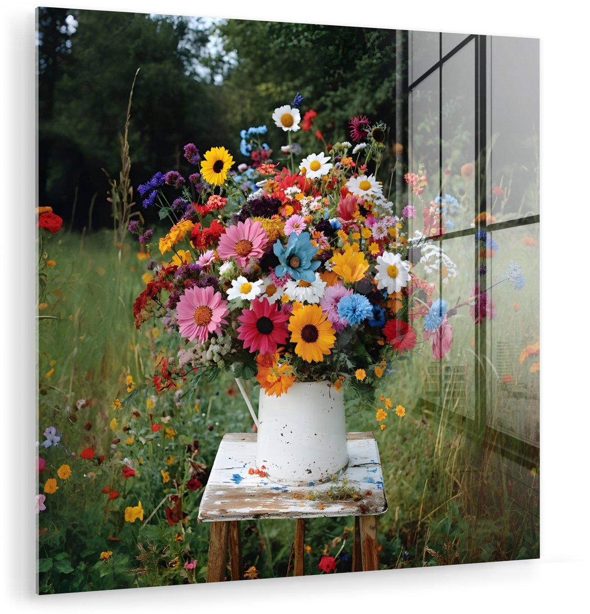 MuchoWow® Glasschilderij 50x50 cm - Schilderij acrylglas - Bloemen - Krukje - Gieter - Vel