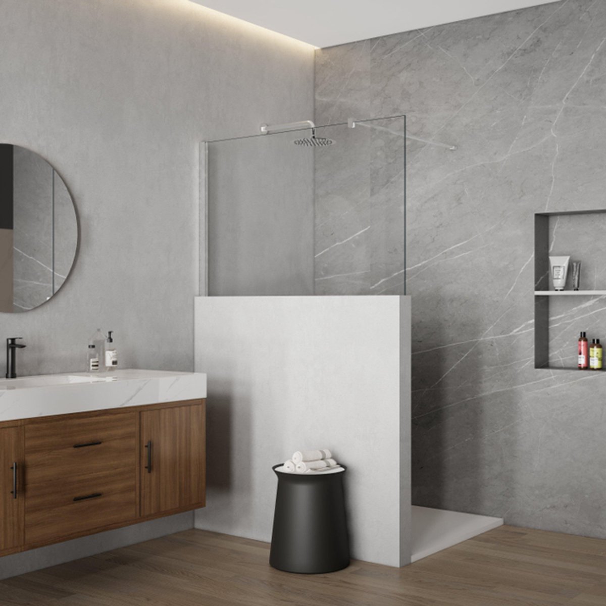 Fortifura Galeria Halfhoge Inloopdouche - 140x80cm - helder glas - 8mm - nano - met profiel en stabilisatiestang - Chroom