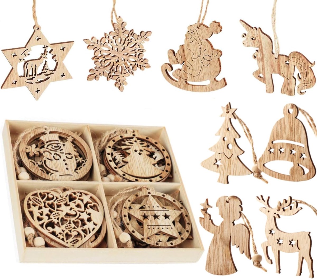 TRANKIELO® - Houten Kerstornamenten - Set van 12 - Vintage Stijl Decoratie Hangers - Inclusief Houten Doos - Sneeuwvlok en Boomversieringen