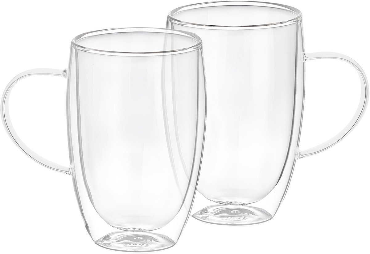 Cheffinger, Lot 2 Glazen met dubbele wandhandgreep 350ml van massief borosilicaatglas, Transparant