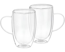 Cheffinger, Lot 2 Glazen met dubbele wandhandgreep 350ml van massief borosilicaatglas, Transparant
