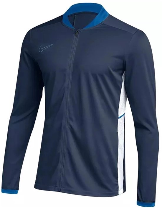 Donkerblauwe trainingsjas met rits, witte zijkanten, blauwe kraag en manchetten, Nike logo.