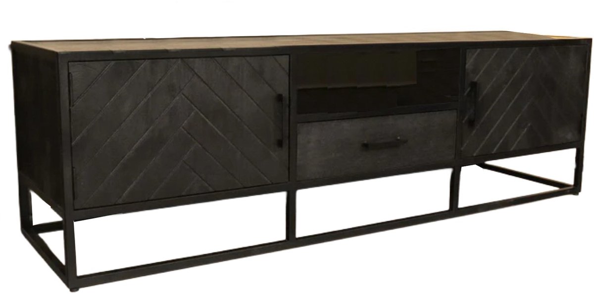 TV meubel industrieel mangohout Danae zwart visgraat 165cm tv kast duurzaam mango massief hout tv-meubel