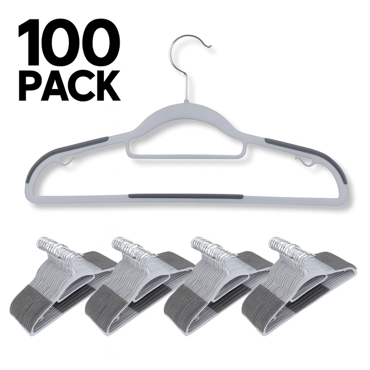 JustValue Multifunctionele Kledinghangers - Kleerhangers Kunststof - 100 stuks - met Haken - Ruimtebesparend - Broekhanger Lichtgewicht - Blouses - Shirts - Rokken - Volwassenen - Kinderkleding - Kledingrek Hanger - Broekhanger Lichtgewicht - Grijs