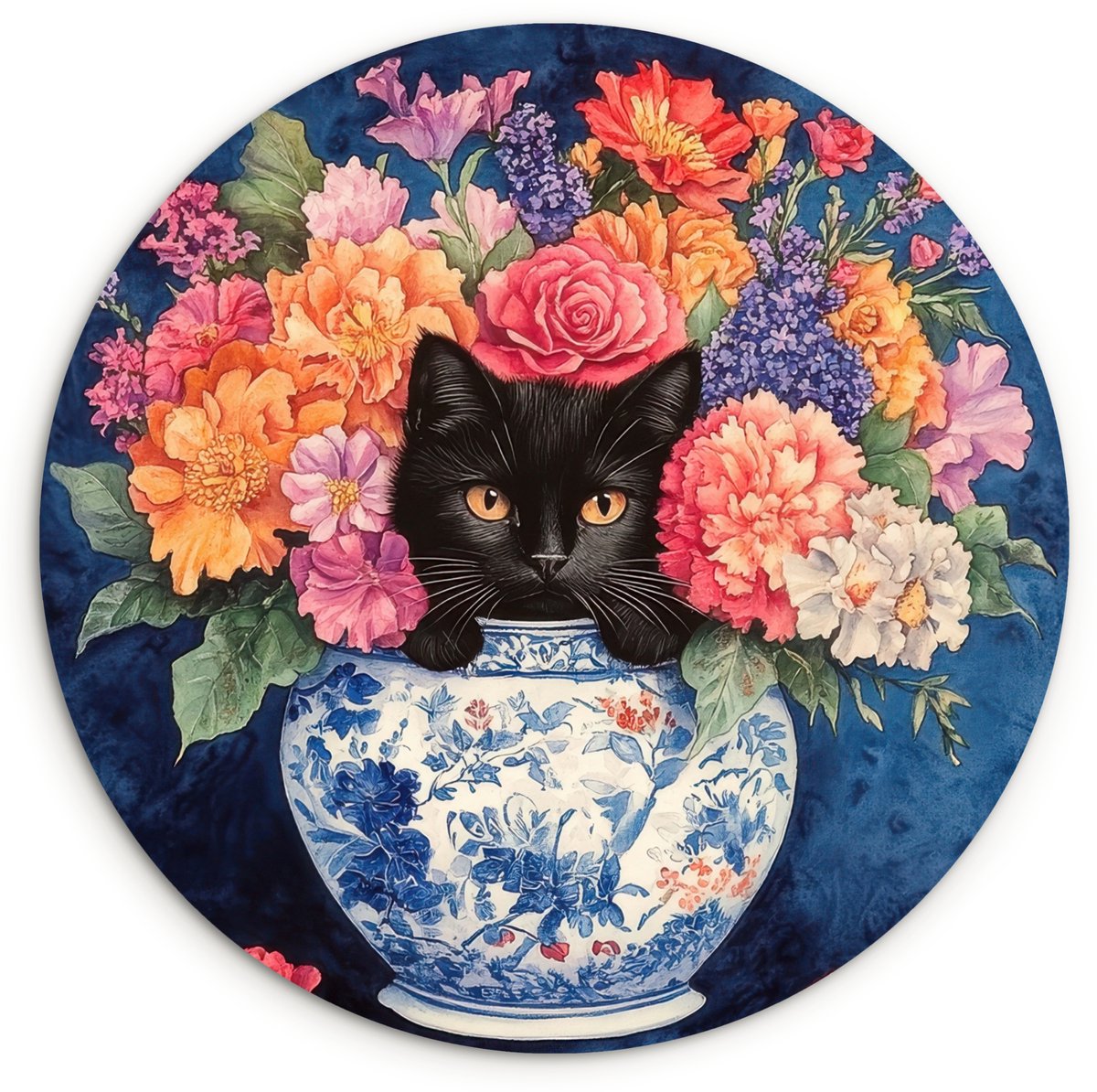 WallCircle Wandcirkel 60x60 cm - Muurcirkel Kat - Felgekleurde bloemen - Vaas - Muurdecoratie woonkamer - Wanddecoratie slaapkamer - Kamer decoratie accessoires - Ronde schilderijen Kat - Bloemen - Vaas