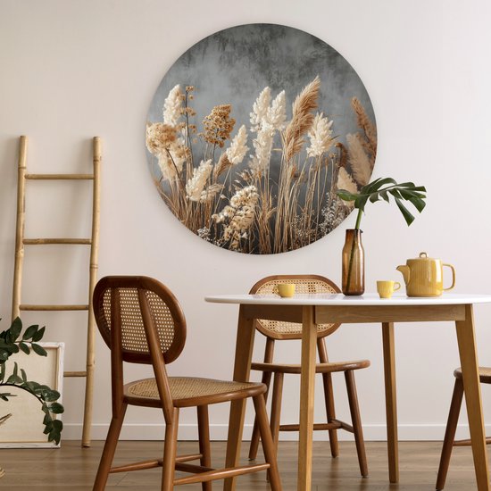WallCircle® Wandcirkel 90x90 cm - Muurcirkel Gedroogde Veldbloemen - Grijs - Beton - Muurdecoratie woonkamer - Wanddecoratie slaapkamer - Kamer decoratie accessoires - Ronde schilderijen