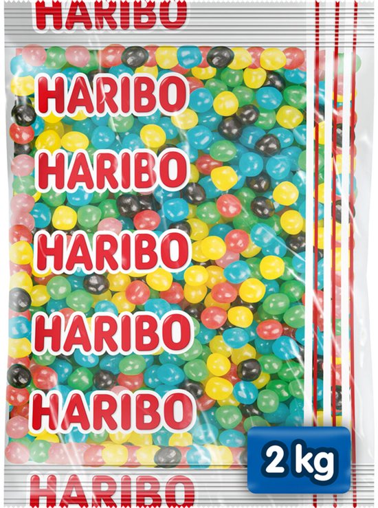Grote zak Haribo Dragibus snoep, 2 kg, in regenboogkleuren.