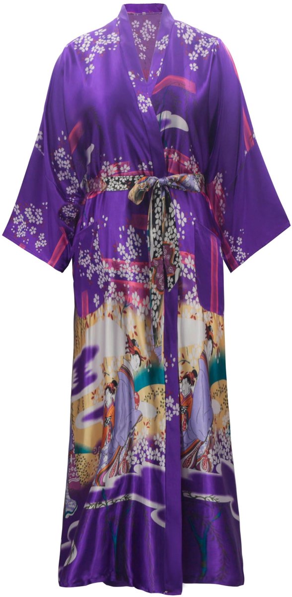 Kimono Morgenjas - Lange Satijnen Lichtgewicht Japanse Stijl met Sakura Ukiyoe Print - Voor Dames - Lila Maat 3XL