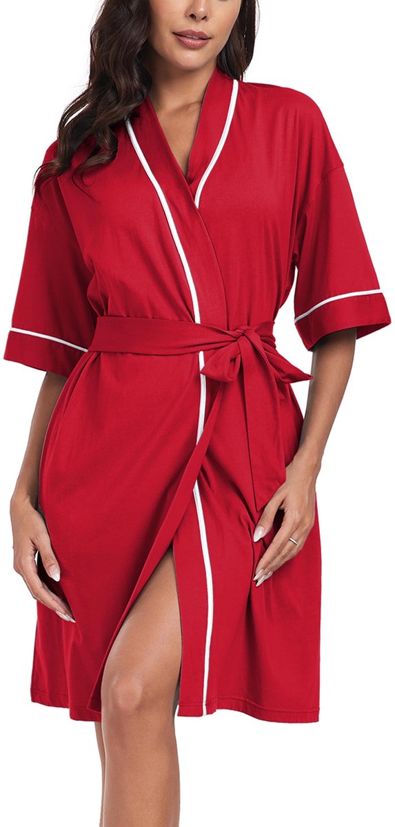 Dames Badjas - 100% Katoen - Lichtgewicht Kimono - Voor Thuis en Sauna - Kersenrood - Knielang - Maat M
