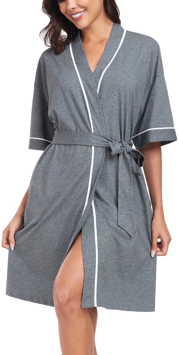 Dames Kimono Badjas - 100% Katoenen Lichtgewicht Knie-lengte - Donkergrijs Maat L