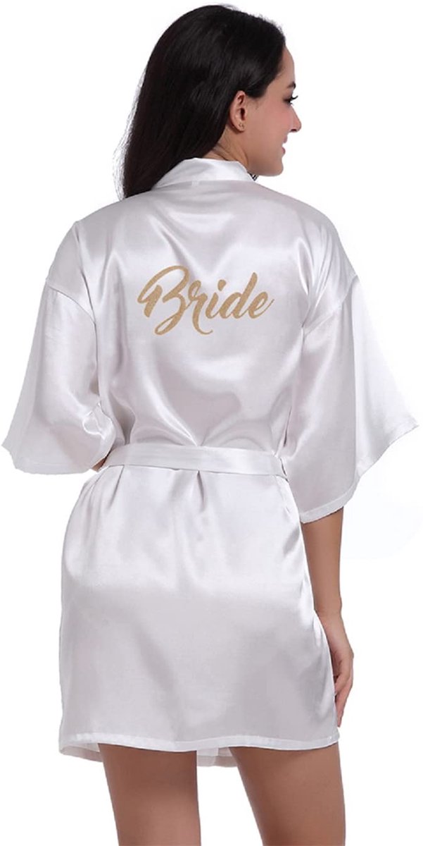Dames Satijnen Kimono Badjas - Met Gouden Glitter en Ceintuur - Voor de Bruid - Wit - Maat S