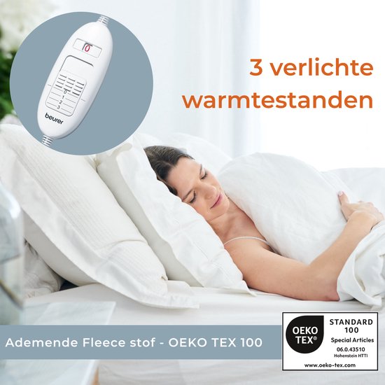 Vrouw slaapt onder witte lakens, met de elektrische deken. Bedieningsunit met 3 warmtestanden. "Ademende Fleece stof - OEKO TEX 100".