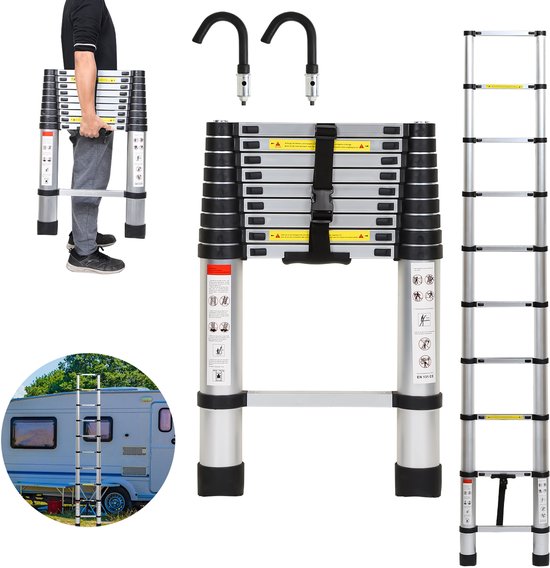 Foto: Telescopische ladder telescoopladder 2 6m zilver haak max belasting 150 kg compact en draagbaar met soft closing systeem geschikt voor particulier en professioneel gebruik telescopische vouwladder