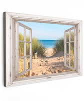 Tuinschilderij voor buiten 120x80 cm - Tuindecoratie Doorkijk - Strand - Zee - Duinen - Zand - Water - Helmgras - Tuinposter op canvas - Tuin muurdecoratie - Buitenschilderij decoratie - Schutting wanddecoratie - Buitencanvas