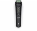 Zwarte Philips All-in-One trimmer met groen mesje, aan/uit-knop en indicatorlampje.