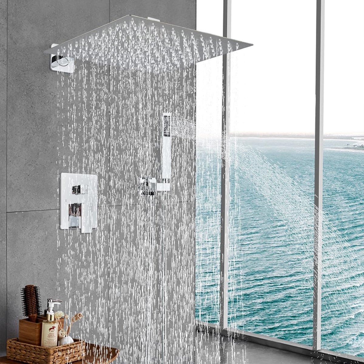 Inbouwdouchesysteem met vierkante douchekop 12 inch Handdouche voor badkamer Wandmontage Gepolijste chromen afwerking