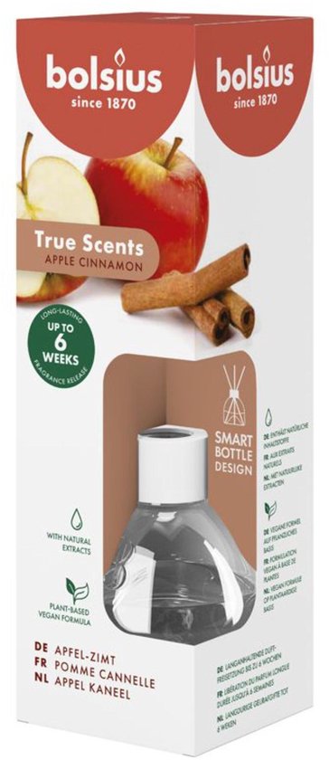 Bolsius True Scents Apple Cinnamon geurstokjes. Verpakking met afbeelding van appel en kaneel.